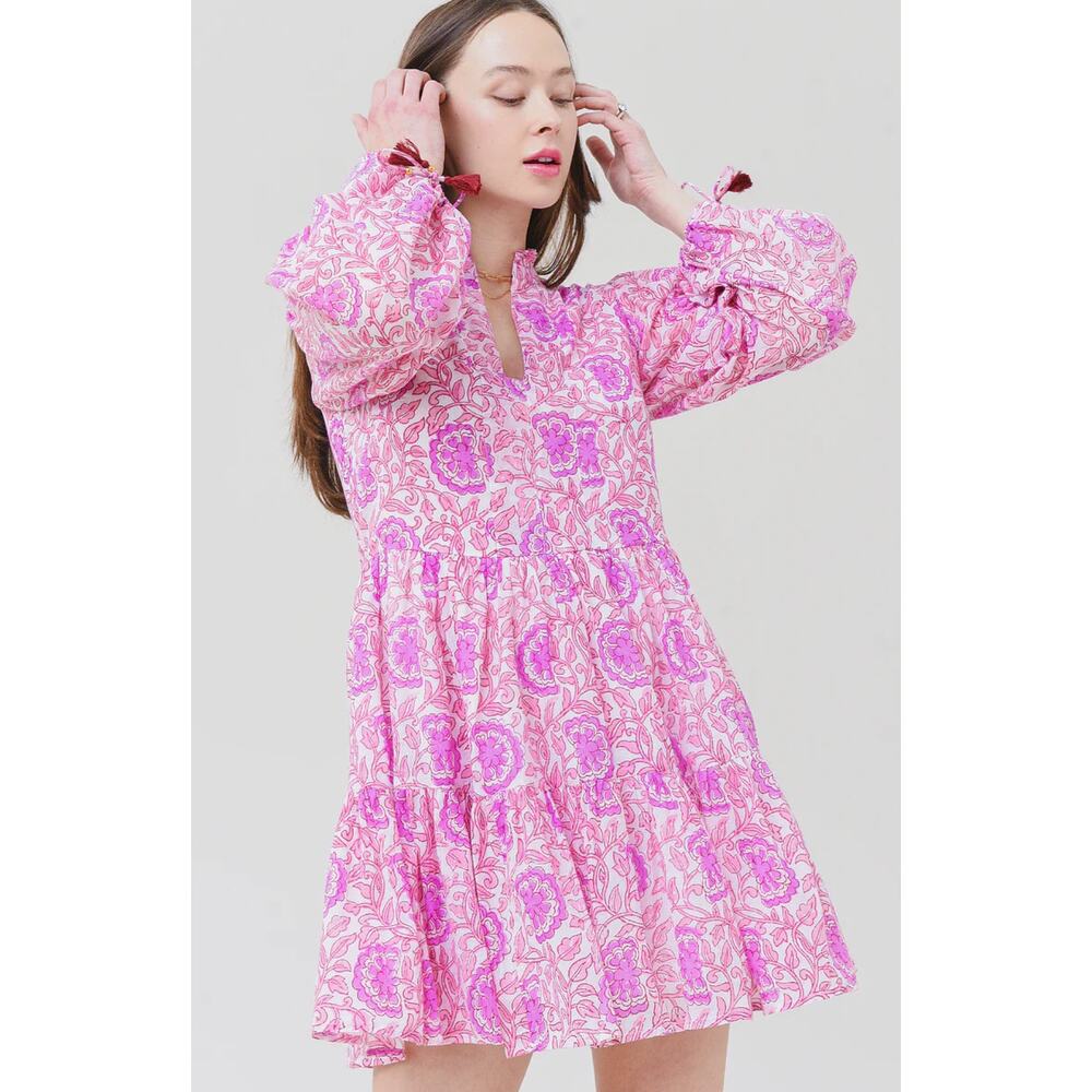 OLIPHANT Tuckernuck Long Sleeve Blouseon Yoke Mini Short Dress Malta Pink Print